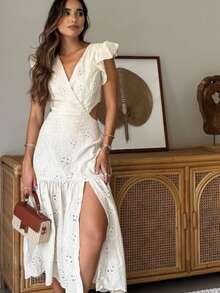 Vestido Midi de Laise com Forro – Babado na Saia, Abertura Frontal e Amarração nas Costas - Branco - Visão 4