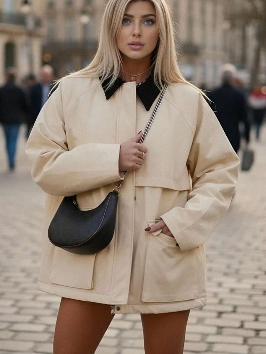 Autumn New Casual Corduroy Lapel Contrast Color Patchwork Loose Versatile Fashion Jacket Utility Padded Coat For Women, Elegant Retro Street Style Commuter Outerwear - Milky - View 1