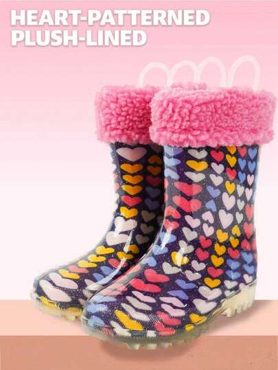 Bottes de pluie pour enfants avec imprimé cœur, bottes de neige épaisses et chaudes en PVC imperméable, bottes de pluie pour filles