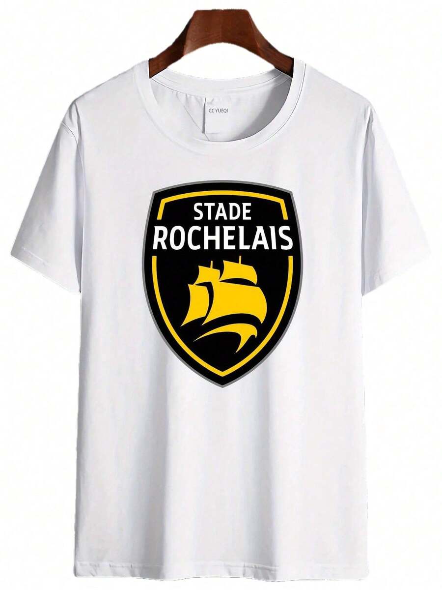 Stade Rochelais Rugby Logo T-Shirt - White With Black & Yellow Shield Design, Unisex Casual Wear, Breathable Material, Sizes S-5XL, Machine Washable For Everyday Wear, All-Season Clothing, Crew Neck Shirt, Non-See-Through Fabric - Black - View 1