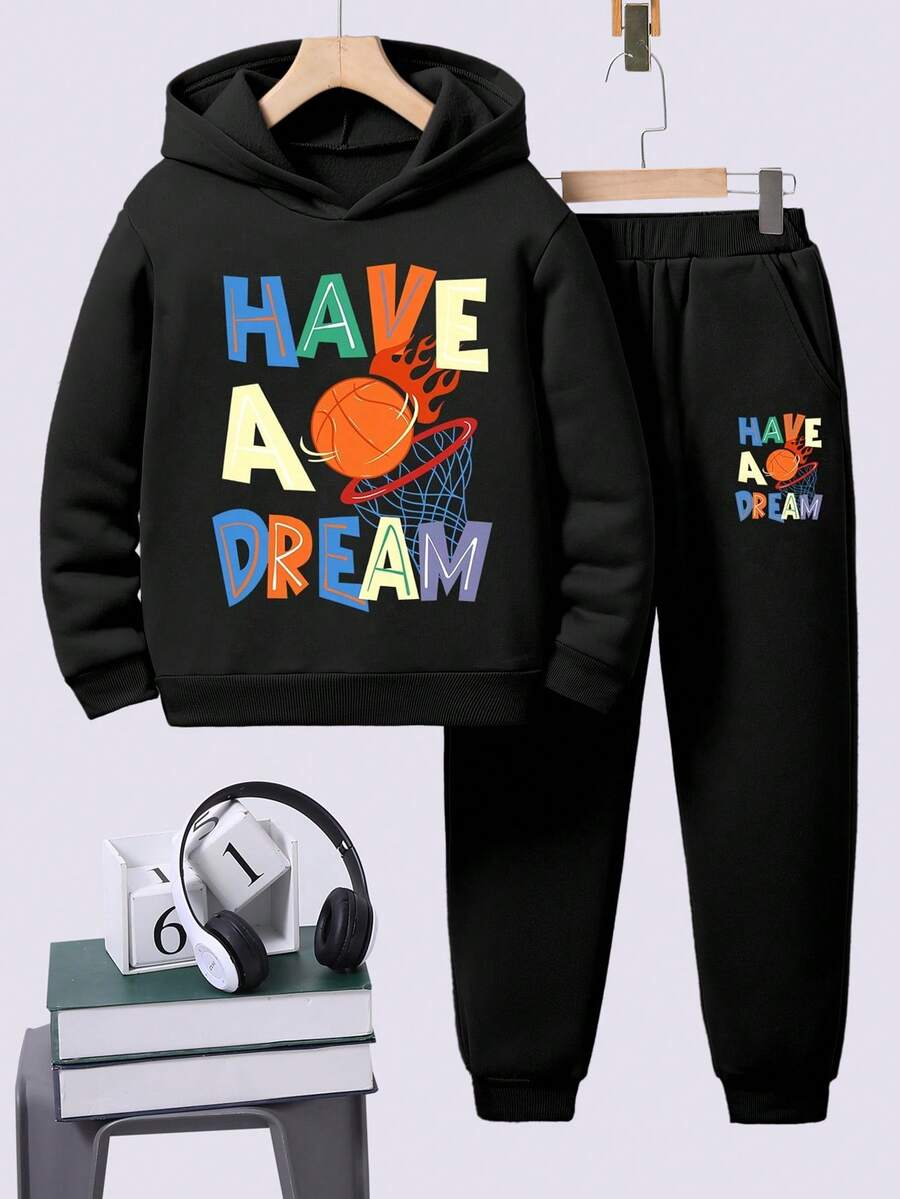 Tween Boy Cartoon Print Warm Hoodie And Sweatpants Set - Black - View 1