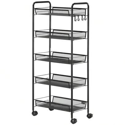HOMCOM Rolling Trolley, Serving Cart With 4 Shelves And 5 Baskets, Storage Cart With Handle For Kitchen And Living Room In Black Steel