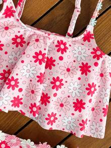 少女暑假休闲游泳娱乐全印花比基尼泳衣套装 - 粉色 - 查看 3