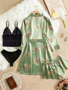 5 piezas Conjunto de lencería sexy para mujer Nuevo Lanzamiento: Bata de satén de manga larga y top de camisola de encaje con copa triangular y pantis semitransparentes de corte triangular sólido y pantalón corto estilo boxer con estampado y cinturón de satén Conjunto de pijama de ajuste relajado y cómodo