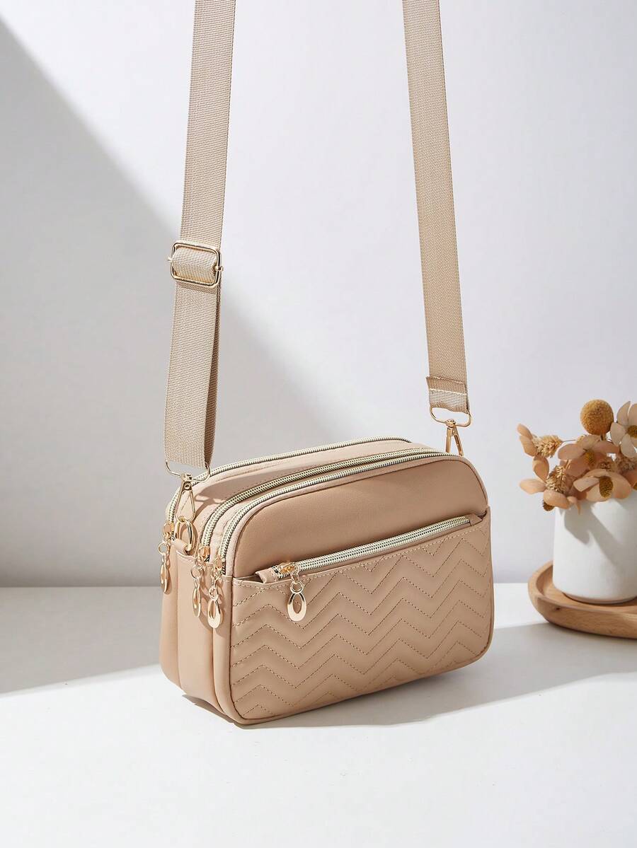 EMERY ROSE 1pc Women's Casual Commuter Crossbody Bag, 4 Zipper Design, Solid Color Personalized Fashion Wavy Pattern, Soft Texture Handheld/Shoulder, Large Capacity, Suitable For Travel, Shopping, Commuting - Khaki - View 1