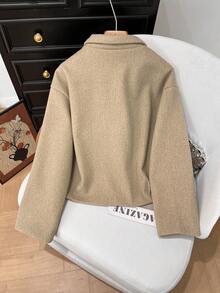 Manteau décontracté élégant de mode d'hiver pour femmes, nouvelle année, couleur unie, épaules tombantes, manches longues, fermeture éclair - Beige - Voir 3