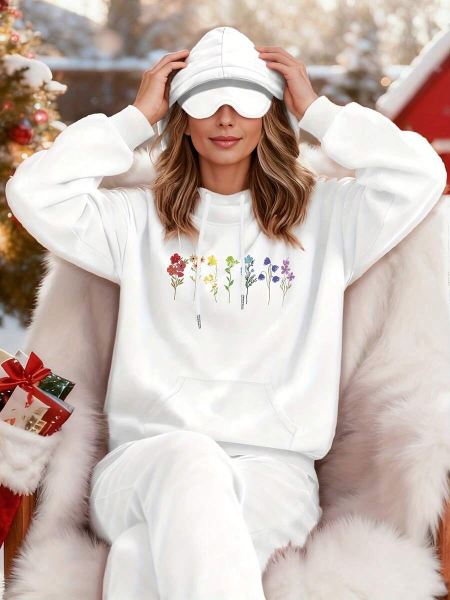 Christmas And Thanksgiving Women's Autumn/Winter Collection Bright Wildflower Pattern Print Suitable For Spring And Summer Wear - Women's Hooded Sweatshirt Long Sleeve Letter Print Drawstring Hoodie - Soft, Casual, Long Sleeve, Kangaroo Pocket, Loose Fit Women's Sweatshirt - Fashionable Clothing, Machine Washable, Autumn And Winter Fleece Warm Lining Soft And Comfortable Autumn And Winter Women's Clothing - 白色 - 查看 1