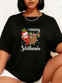 Fröhlicher Faultiermaschinen Lustiger Weihnachtspyjama für Faultierliebhaber T-Shirt Grafik-T-Shirts Frauen Crop Tops Sommeroutfits für Frauen Sommeroberteile T-Shirt - Schwarz - Übersicht 7