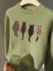 Women'S Cozy Cable Sweater With Playful Cat Print - Beige & Brown, Loose Fit, Long Sleeve, Round Neck, Casual Fall/Winter Top, Casual Winter Wear | Playful Cat Design | Construction, Cat Sweater - 綠色 - 查看 1