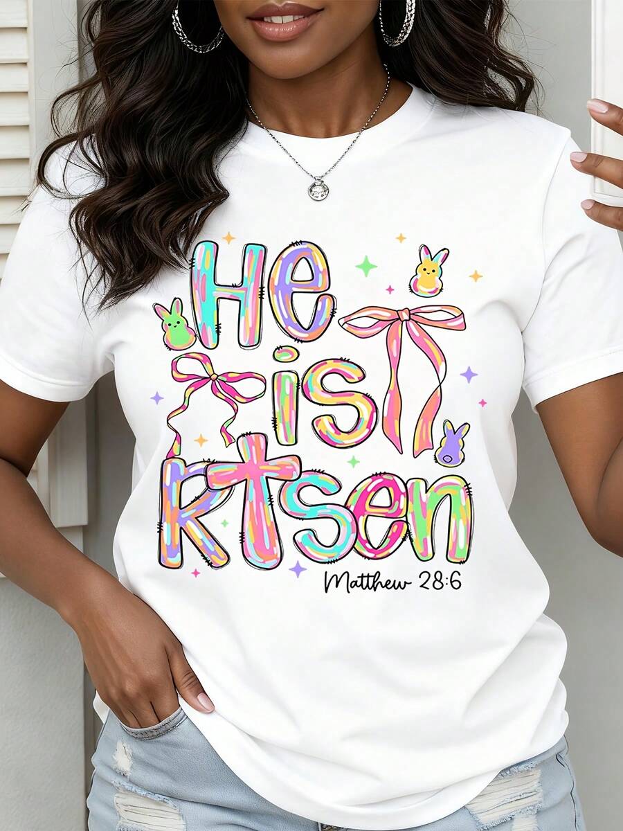 He Is Risen Easter Bunny Rainbow Tie Dye T Shirt Matthew 28 6 Christian Easter Gift For Women Spring Seasonal Apparel - trắng - Xem 1