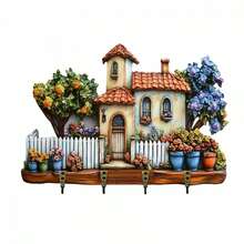 Key Hooks For Wall, 2D Colorful House Flowers Wooden Hanging Sign Wall Key Holder Home Decor - Multicolor - View 2