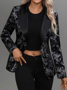 Áo khoác blazer dáng ôm tay dài, cổ khoét chữ V thanh lịch, đơn hàng khuy, chất liệu vải jacquard cho nữ, mùa xuân/thu - màu đen - Xem 9