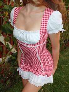 Women's Plaid Gingham Checkered Bodycon Mini Dress With Puff Sleeves Lace Trim Bow Cottagecore For Cosplay Holiday Party - Đỏ - Xem 4