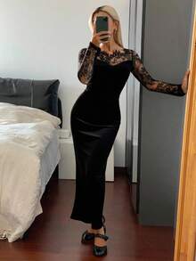 Livesso 女士蕾丝拼接美人鱼中长连衣裙，秋季长袖连衣裙 - 黑色 - 查看 4