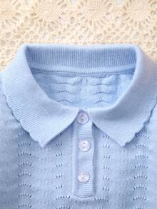 Baby GirlCasual Elegant Hollow Out Collared Half-Zip Long Sleeve Knit Dress, Light Blue, Suitable For Outings And Gatherings, Graceful And Charming - Baby Blue - View 3