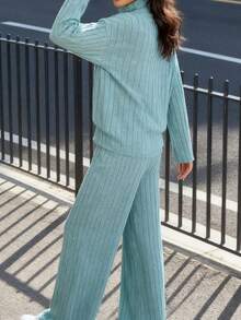 New Women's Suit Set;Ribbed Knit Turtleneck & Wide-Leg Pants Set: Stylish For Daily/Date Wear;Ribbed Knit Turtleneck Set! Smooth Wide-Leg Fit, Warm And Comfortable, Super Easy For Daily Matching;High-End Sense Of Relaxation! - Màu xanh lam - Xem 3
