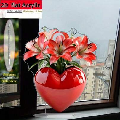 1 st hjärtformad vasdekoration - rött hjärta i mitten av en vas med blommiga accenter, akryldekoration på skrivbordet, lämplig för hem, kontor, lantlig stil - alla hjärtans dag, årsdag, bröllop, födelsedag, inflyttningspresent