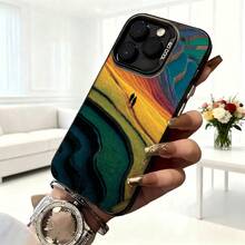 Cubierta de telefono con diseño de paisaje abstracto multicolor para iPhone 14 Pro Max  de proteccion resistente a golpes con impresion de caminantes en campo dorado y texto 80 000 para uso diario en cafeterias y viajes - Negro - Ver 6