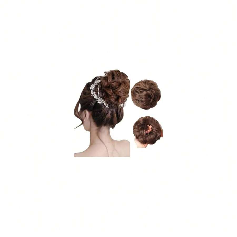 Messy Bun Hair Piece Hair Bun Wavy Curly Scrunchies Chignon Ponytail Hair Extensions Fake Hair Bun Extensions Synthetic Tousled Updo Hairpieces For Women(Medium Chestnut Brown),MediumChestnutBrown - 中栗棕色 - 查看 1