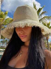 1 Pc Women's Spring/Summer Straw Hat, Large Brim Beach Hat Vacation And Outdoor - Màu be - Xem 1