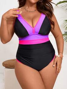 Bộ bikini nylon phối màu cỡ lớn, áo tắm một mảnh ngoại cỡ dành cho nữ, trang phục đi biển phong cách Bohemian màu đen cho kỳ nghỉ hè. - màu đen - Xem 2