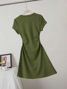 Women's Casual Slim Fit Butterfly Print Detail Simple Solid Color Pleated Crew Neck Short Sleeve Dress