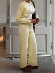 MORI 米黄色针织两件套，时尚简约优雅裤装，适合日常穿着、通勤及新年等场合，春秋季 - 黃色 - 查看 6