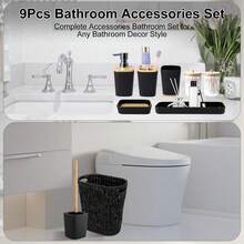 YESagoodShop Bathroom Set Black Trash Can  9 Piece Decor Toothbrush Holder Cup Lotion Dispenser Tray Soap Dish Toilet Brush Qtip 1763699629789 - 藤編浴室套裝 - 查看 4