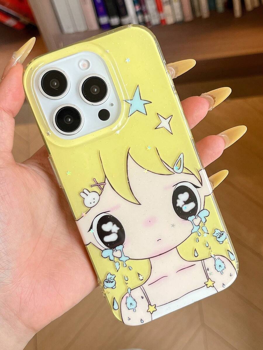可爱少女元素时尚1件装随机粉末星卡通黄发女孩哭泣图案手机壳,时尚个性化乖巧风格防震保护套,适用于 17/ 17 Pro Max/ 16 Pro Max/ 15 Pro/ 14/ 13/12/11,可作为圣诞礼物送给家人、朋友、姐妹和伴侣,也可作为生日派对礼物。 - 黃色 - 查看 1