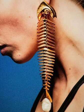 1pc Fish Bone Pearl Earrings, Personalized Fashion Exquisite Earrings, Niche Design High-End Earrings, Exaggerated Earrings, Suitable For Daily Banquet Matching