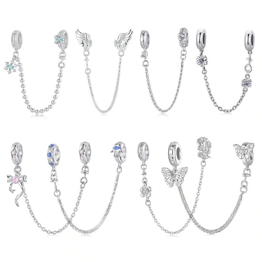 WOSTU 1件925纯银可爱雪花蝴蝶邪眼心形硅胶安全链，适用于女士手链DIY时尚饰品礼品