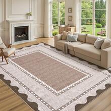 1PCS Room Decor Bordered Rug Scalloped Geometric Pattern Modern Washable Low Pile Area Rug For Living Room Bedroom Contemporary Non Slip Large Rug Low Pile Stain Resistant Carpet For Classroom Dining Room Runner For Hallway Kitchen Enterway - 紅棕色 - 查看 4