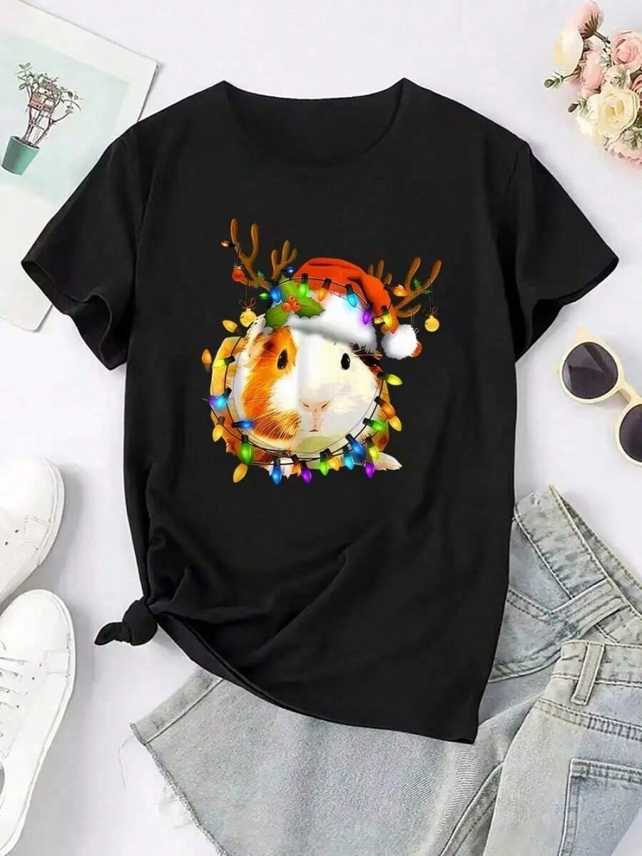 Camiseta informal de mujer con estampado de hámster navideño, cómoda camiseta de manga corta y cuello redondo, adecuada para primavera y verano, fiestas navideñas y conjuntos de invierno, apta para cualquier ocasión, color liso, estilo informal, fiestas navideñas, Día de San Patricio, reuniones familiares, uso diario. - Negro - Ver 1