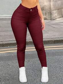 High Waist Skinny Trousers - Burgundy - View 2