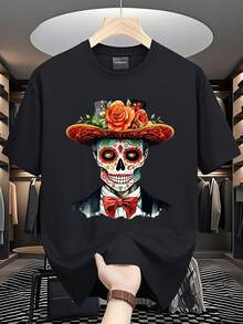 item picture mens shirts mens shirts mens clothing shirts for men mens shirt skull with hat 180and black t shirt printed pattern high round neck basic loose fit for men and women breathable versatile - Negro - Ver 2