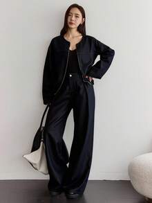 DAZY Bộ 2 món áo khoác nữ cổ tròn cạp chun và quần ống rộng dáng rộng, thường ngày - Màu xanh lam - Xem 6