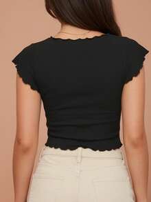 Women's Solid Color Cropped Square Neck Top With Bow Tie, Ruffle Cuffs, Flared Hem, And Slim Fit, Y2K Cute Style And French Elegant Style, Simple Versatile Design, Perfect For Everyday Outings, Street Style Photos, City Walks, Cafe Dates, Concerts, And Valentine's Day Outfits - 黑色 - 查看 2