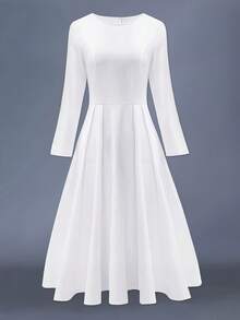 Elegant White Midi Dress For Women Round Neck Three Quarter Sleeve Knitted Fabric Flared Hem Pleated A Line Fit And Flare - 白色 - 查看 3