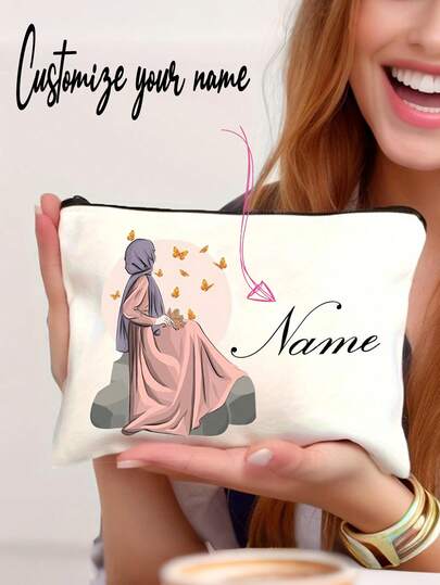 Customized Name Muslim Religious Figure Vintage Pink Headscarf And Glowing Butterfly Design White Polyester Cosmetic Bag - Large Capacity Lightweight Zippered Travel Toiletry Bag, Unisex Adult Gift, Suitable For Eid Al-Fitr, Ramadan, Festivals, Personal Care Bag, Religious Symbolism, Durable Zipper, Customizable Text.