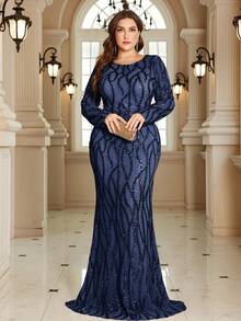 XUIBOL 高品质弹力优雅亮片拼接超修身加大码圆领晚宴约会婚礼派对生日周年纪念家庭鸡尾酒会正式晚宴婚礼宾客单身派对假日夏季秋季V领短袖优雅奢华新娘母亲礼服（重工刺绣） - 藏蓝色 - 查看 5