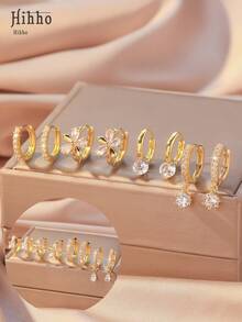 Hihho 8 件/套经典花形水晶耳钉，搭配闪亮锆石耳圈，优雅女士珠宝套装，非常适合日常佩戴和节日派对礼物 - 金黃色 - 查看 1