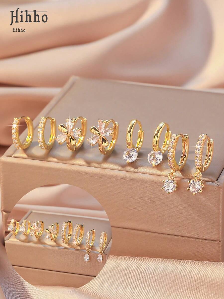 Hihho 8 件/套经典花形水晶耳钉，搭配闪亮锆石耳圈，优雅女士珠宝套装，非常适合日常佩戴和节日派对礼物 - 金黃色 - 查看 1