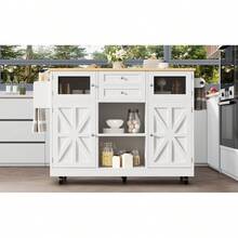 Kitchen Island, Dining Trolley With Countertop, Buffet Unit, Dining Trolley With Wood Grain, Side Towel Rack, Three-Dimensional Cabinet Doors With Wheels, Adjustable Partitions, Black - White + MDF - View 11