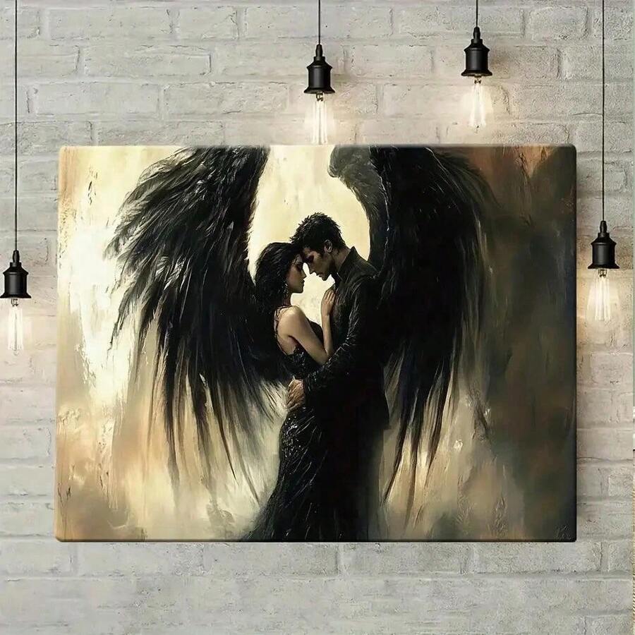 1pcs,Framed Wall DecorEthereal Dark Fantasy Angel Couple Canvas Art - Romantic Embrace With Black Wings Print, Gothic Home Decor For Bedroom & Living Room, Modern Dramatic Artwork - 彩色 - 查看 1