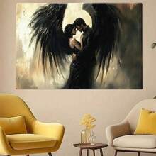 1pcs,Framed Wall DecorEthereal Dark Fantasy Angel Couple Canvas Art - Romantic Embrace With Black Wings Print, Gothic Home Decor For Bedroom & Living Room, Modern Dramatic Artwork - 彩色 - 查看 3