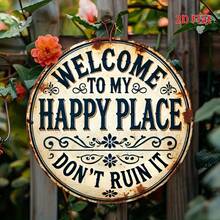 2D Flat - Vintage Welcome To My Happy Place, Please Don'Ruin It Metal Wall Decor - Rustic Iron Farmhouse Decor With Floral Embellishments And Distressed Paint, Easy-To-Hang Round Wall Art Bedroom, Kitchen, Dining Room - No Electricity Required - 1pc - View 6