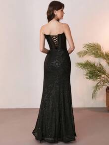 Đầm dạ hội màu đen cổ chữ V, xếp tầng, đính sequin và thêu, kiểu đuôi cá, xẻ tà. - màu đen - Xem 2
