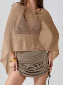 Women's Y2k Sheer Poncho Top, Lightweight Cover-Ups Crochet Shrug Bolero Mesh Knit,See-Through Off Shoulder Solid Irregular Knitted Loose Pullover,Batwing Sleeve Sweater Cover Up Beachwear,Boho Aesthetic Beach Going Out Streetwear,Spring To Summer Outfits,Rave Outfit,Concert Outfit,Summer Vacation Outfits - 淺棕色 - 查看 2