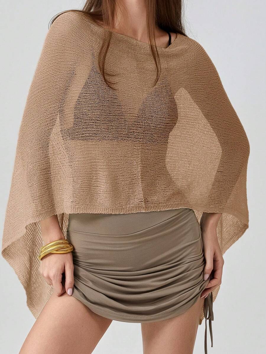 Women's Y2k Sheer Poncho Top, Lightweight Cover-Ups Crochet Shrug Bolero Mesh Knit,See-Through Off Shoulder Solid Irregular Knitted Loose Pullover,Batwing Sleeve Sweater Cover Up Beachwear,Boho Aesthetic Beach Going Out Streetwear,Spring To Summer Outfits,Rave Outfit,Concert Outfit,Summer Vacation Outfits - nâu nhạt - Xem 1