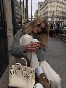 Áo khoác ngoài cổ bẻ túi màu trơn cho nữ, đi làm thường ngày, mùa đông - Xám - Xem 5